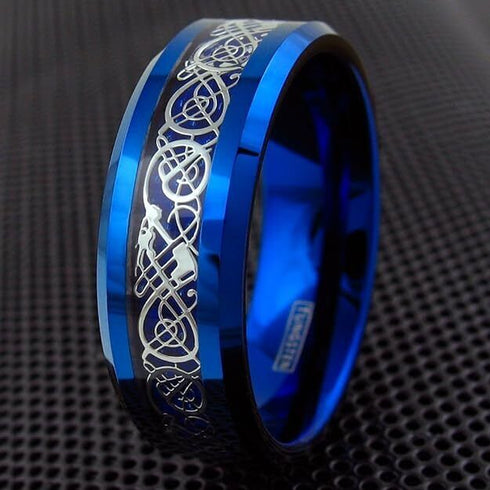 Men 8mm Beveled Edge Comfort-Fit Blue Silver Celtic Dragon Tungsten Wedding Band